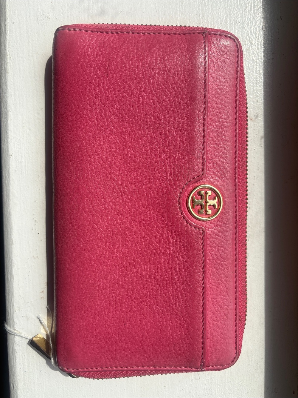 Tory Burch Hot Pink Pebbled Leather Zip Wallet with Gold Logo